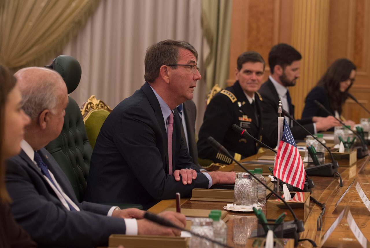 Defense Secretary Ash Carter speaks with Saudi Defense Minister Deputy Crown Prince Mohammed  bin Salman in Riyadh, Saudi Arabia, April 19, 2016. Photo by Air Force Senior Master Sgt. Adrian Cadiz