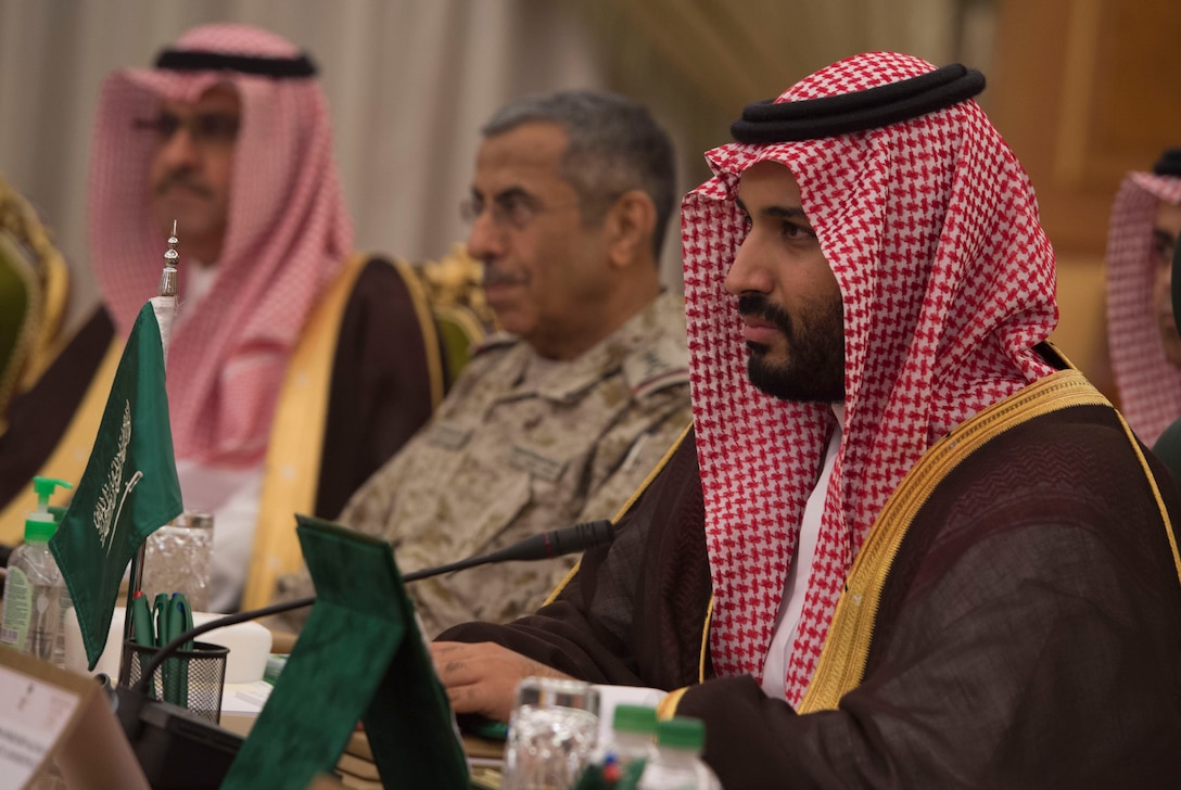 Saudi Defense Minister Deputy Crown Prince Mohammed  bin Salman hosts a meeting with Defense Secretary Ash Carter in Riyadh, Saudi Arabia, April 19, 2016. Photo by Air Force Senior Master Sgt. Adrian Cadiz