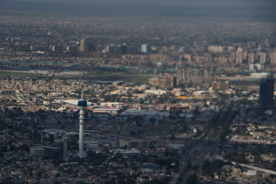 An aerial view of Baghdad, Iraq, shows the city as Defense Secretary Ash Carter departs following visits with Iraqi leaders, April 18, 2016. DoD photo by Senior Master Sgt. Adrian Cadiz