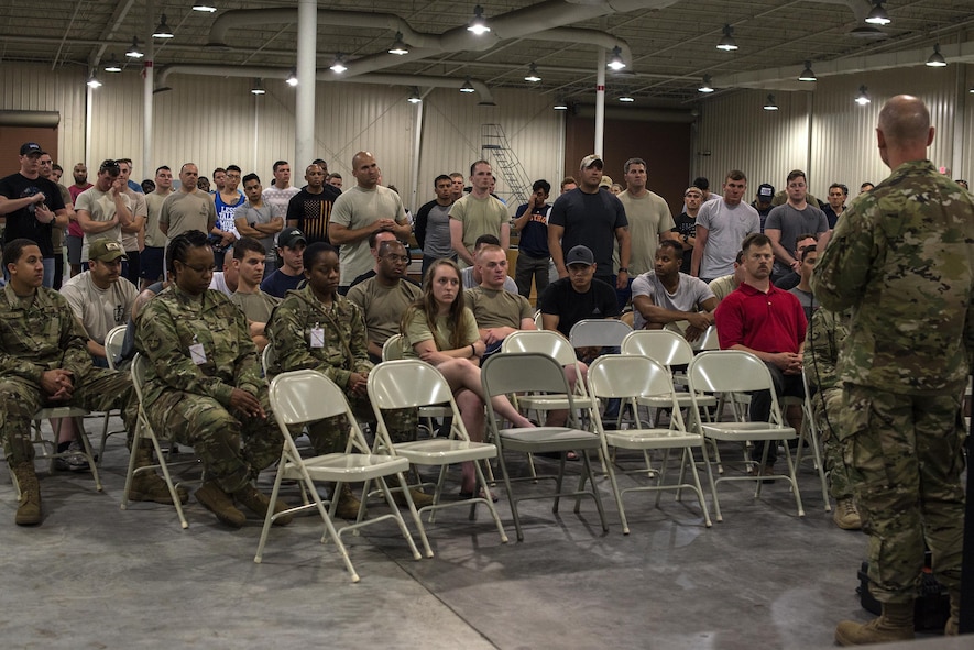 U.S. Air Force Col. Joseph Locke, 93d Air Ground Operations Wing commander, briefs Airmen assigned to various AGOW units to kick off Spartan Warrior week, April 15, 2016, at Avon Park, Fla. Spartan Warrior is an annual combat readiness exercise hosted by the 93d AGOW, which brings together battlefield Airmen from 20 geographically separated units. (U.S. Air Force photo by Airman 1st Class Janiqua P. Robinson/Released)