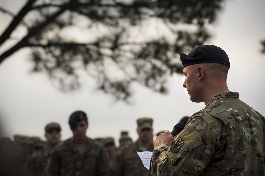 U.S. Air Force Col. Joseph Locke, 93d Air Ground Operations Wing commander, speaks about the heroism of the late Lt. Col William Schroeder, April 15, 2016, at Avon Park Air Force Range, Fla. The Airmen gathered to pay tribute to Lt. Col William Schroeder, who served alongside many members of the 93d AGOW. (U.S. Air Force Photo by Senior Airman Ryan Callaghan/Released)
