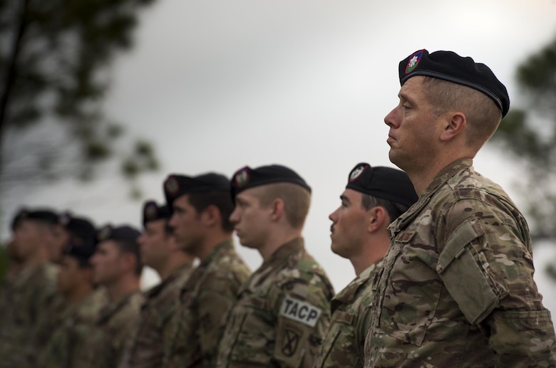 U.S. Air Force Tactical Air Control Party members from the 93d Air Ground Operations Wing stand in formation during a tribute to the late Lt. Col William Schroeder, April 15, 2016, at Avon Park Air Force Range, Fla. Schroeder was the commander of the 342nd Training Squadron at Joint Base San Antonio-Lackland, which is responsible for the entry-level training of all battlefield Airmen. (U.S. Air Force Photo by Senior Airman Ryan Callaghan/Released)
