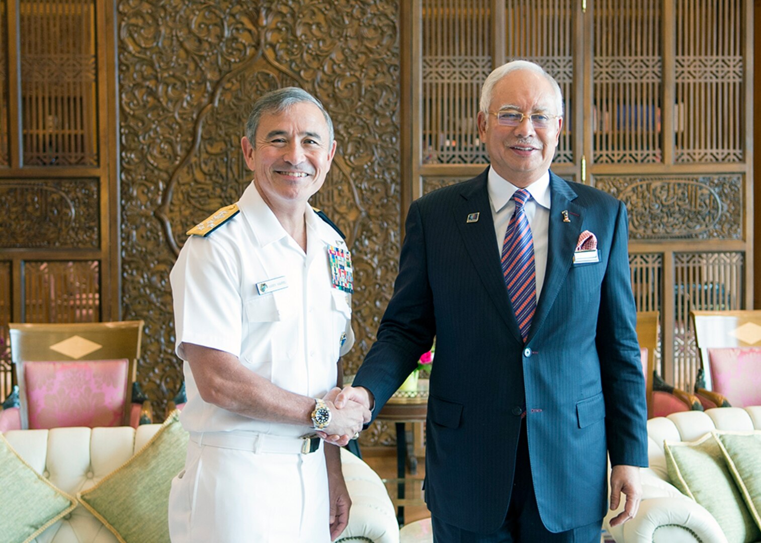 PUTRAJAYA, Malaysia (April 19, 2016) Commander of U.S. Pacific Command, Adm. Harry B. Harris Jr. met with the Prime Minister of Malaysia, Najib Razak during his visit to Malaysia to attend the Putrajaya Forum 2016.  This forum is organized by the Malaysian Institute of Defence and Security, and brings together senior leaders and professionals of academia to discuss defense and security issues in the Indo-Asia-Pacific. 

