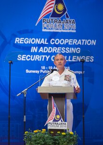 KUALA LUMPUR, Malaysia (April 19, 2016) Commander of U.S. Pacific Command, Adm. Harry B. Harris Jr. delivers remarks during Putrajaya Forum 2016. Putrajaya Forum is organized by the Malaysian Institute of Defence and Security, and brings together senior leaders and professionals of academic to discuss defense and security issues in the Indo-Asia-Pacific. 