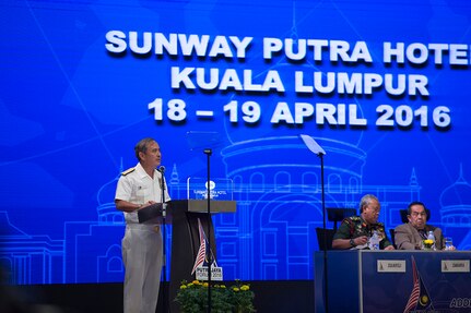 KUALA LUMPUR, Malaysia (April 19, 2016) Commander of U.S. Pacific Command, Adm. Harry B. Harris Jr. delivers remarks during Putrajaya Forum 2016. Putrajaya Forum is organized by the Malaysian Institute of Defence and Security, and brings together senior leaders and professionals of academic to discuss defense and security issues in the Indo-Asia-Pacific. 
