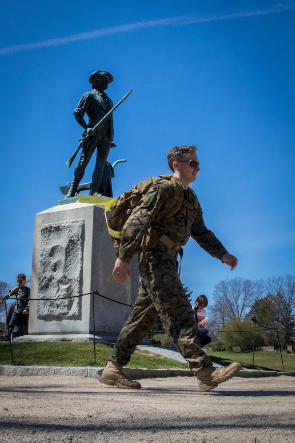 Staff Sgt. Daniel Eddy, staff noncommissioned officer-in-charge for Recruiting Substation Framingham, Massachusetts, passes the Minute Man statue near the end of the 2016 Boston Marathon Tough Ruck at the Minute Man National Historical Park, April 16. The tough ruck has participants hike 26.2 miles with a 30-pound pack in honor of the service men and women who lost their lives in the line of duty.