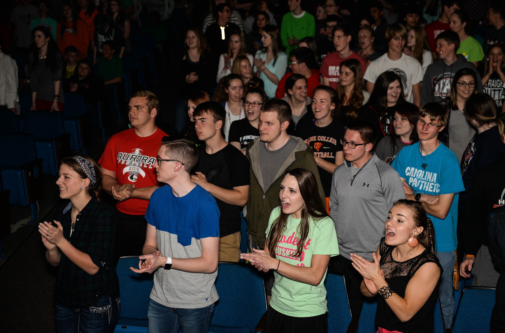 Students from Aurora Public Schools give applause to members of Raptor, an ensemble of the United States Heartland of America band during a concert April 13, 2016 in Aurora Neb. The Heartland of America Band’s various component ensembles perform more than 150 concerts annually, performing extensively throughout Nebraska and surrounding states. (U.S. Air Force Photo by Zachary Hada)