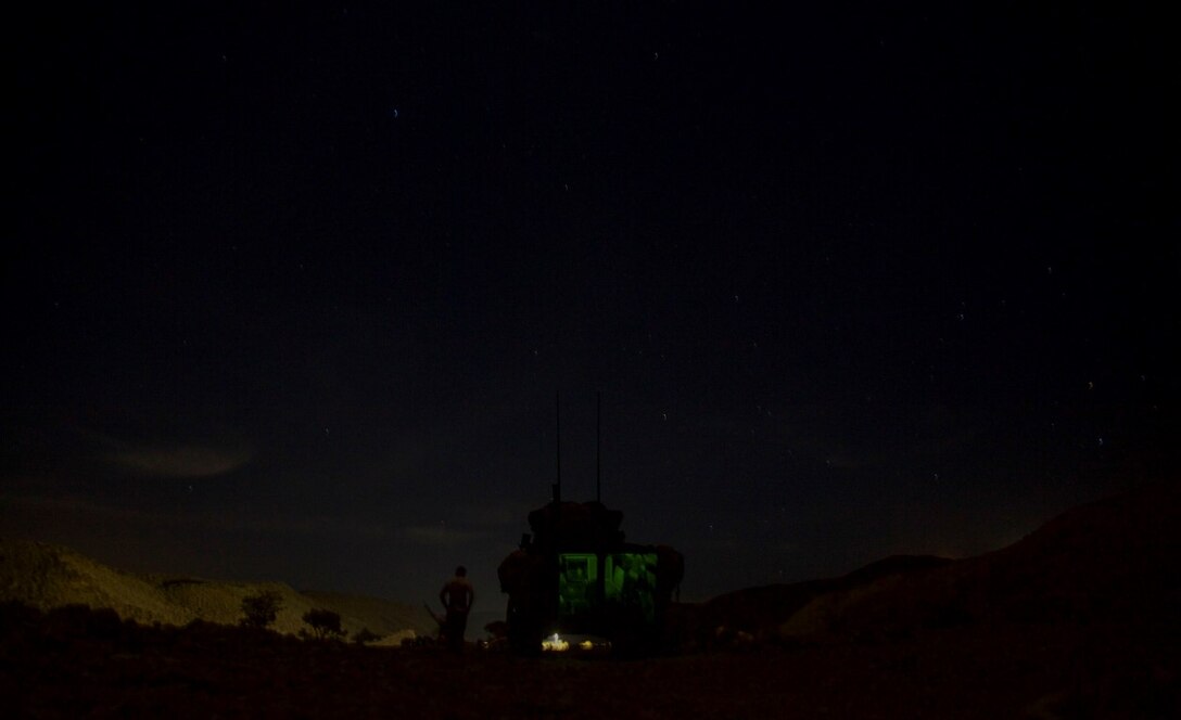 DJIBOUTI, Africa (Apr. 17, 2016)- U.S. Marines with the 13th Marine Expeditionary Unit position light armored reconnaissance vehicles in a security posture after returning from a live firing range in Djibouti, Africa, Apr. 17, 2016. The 13th MEU is conducting sustainment training to maintain proficiency and combat readiness as part of the Boxer Amphibious Ready Group team on a scheduled deployment to the Western Pacific area of operations. (U.S. Marine Corps photo by 1stLt Francheska Soto/ RELEASED)