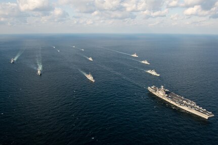 PACIFIC OCEAN (March 24, 2016) Ships assigned to the John C. Stennis Strike Group and ships assigned to the Republic of Korea (ROK) Navy 1st Fleet Maritime Battle Group One steam together during Maritime Counter Special Operations Force (MCSOF) exercise, which is part of Foal Eagle 2016. Foal Eagle is an annual bilateral training exercise designed to enhance the readiness of U.S. and ROK forces and their ability to work together during a crisis. Providing a ready force supporting security and stability in the Indo-Asia-Pacific, USS John C. Stennis (CVN 74) is operating as part of the Great Green Fleet on a regularly scheduled 7th Fleet deployment. 