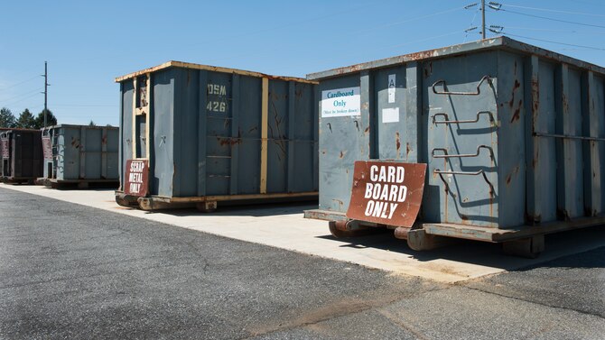 Recycling dumpsters sit at the Dover Air Force Base Recycling Center April 18, 2016, on Dover Air Force Base. The Recycling Center, Building 650, is open for drop-offs every Tuesday and Thursday from 7:30 a.m. to 3:30 p.m. (U.S. Air Force photo/Senior Airman Zachary Cacicia)