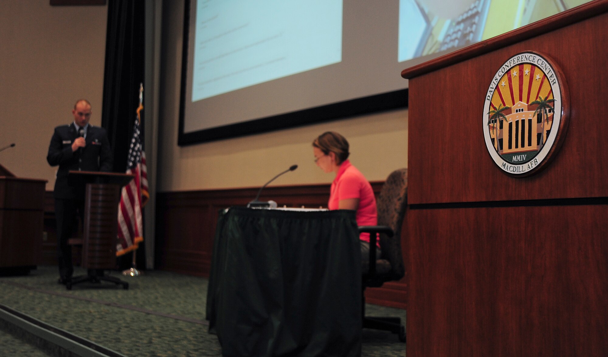Captain Adam Love, the chief of adverse case actions assigned to the 6th Air Mobility Wing legal office, cross examines a witness during the first-ever Green Dot mock trial, April 18, 2016, at MacDill Air Force Base, Fla. The two-hour mock trial was a part of the two-day Let’s End Violence Green Dot training, (U.S. Air Force photo by Senior Airman Jenay Randolph)