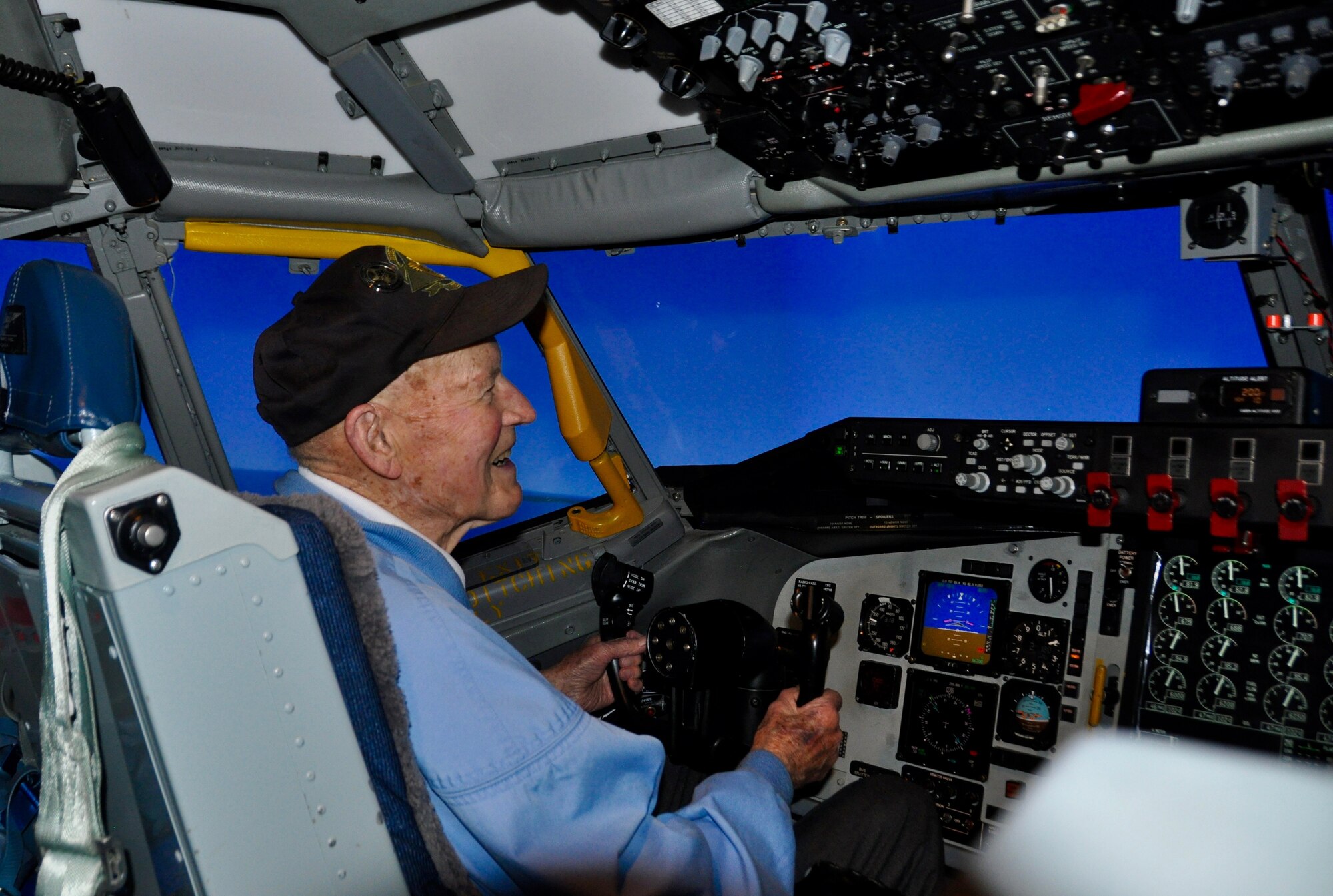 Staff Sgt. David Thatcher pilots a KC-135 flight simulator April 18, 2016, at Fairchild Air Force Base, Wash. The simulator was configured to recreate the path 16 B-25 Mitchell aircraft flew over Tokyo April 18, 1942. (U.S. Air Force photo/2nd Lt. Shelley Gregory)