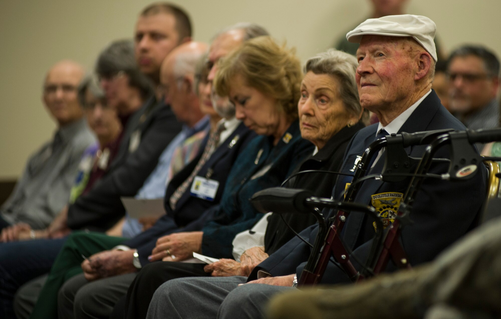 Army Air Force Staff Sgt. David Thatcher, a Doolittle Raider, observes the Doolittle Raider ceremony April 18, 2016, at Fairchild Air Force Base, Wash. The 80 men of the Doolittle/Tokyo Raiders volunteered for the mission when they flew 16 B-25 Mitchell bombers over Japan. 