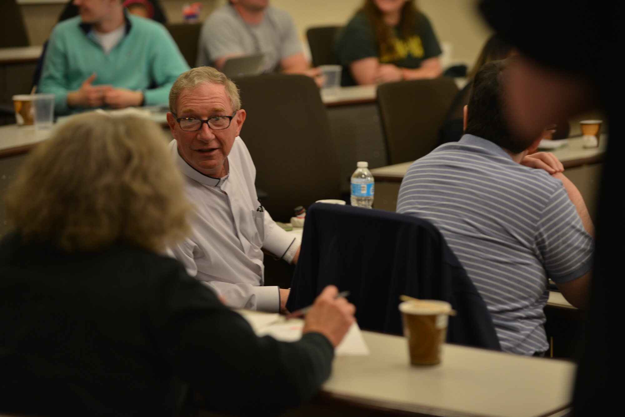 U.S. Army Chaplain (Lt. Col.) James King, the deputy garrison chaplain for Fort Eustis, Va., and an Armed Service Arts Partnership (ASAP) student, gives feedback to another student during an ASAP comedy boot camp class at the College of William and Mary in Williamsburg, Va., April 9, 2016. Throughout the boot camp, students constructively critiqued each other’s work to enhance their comedic performances. (U.S. Air Force photo by Staff Sgt. Natasha Stannard)