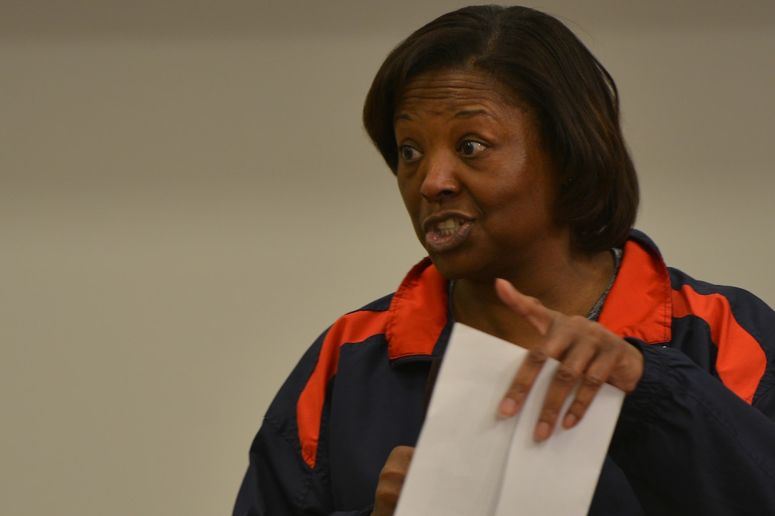 Darlean Basuedayva, an Armed Service Arts Partnership (ASAP) student from Fort Eustis, Va., practices her stand-up comedy routine during an ASAP comedy boot camp class at the College of William and Mary in Williamsburg, Va., April 9, 2016. Basuedayva is a U.S. Air Force veteran who works at Fort Eustis as a health promotion officer. (U.S. Air Force photo by Staff Sgt. Natasha Stannard)