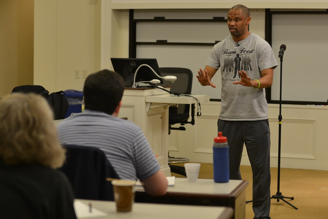 Fred McKinnon, Armed Service Arts Partnership (ASAP) comedy instructor, gives an overview of the day’s rehearsal goals during the ASAP comedy boot camp class at the College of William and Mary in Williamsburg, Va., April 9, 2016.  McKinnon, a U.S. Army veteran, volunteers with ASAP to help fellow veterans express themselves through stand-up routines. (U.S. Air Force photo by Staff Sgt. Natasha Stannard)