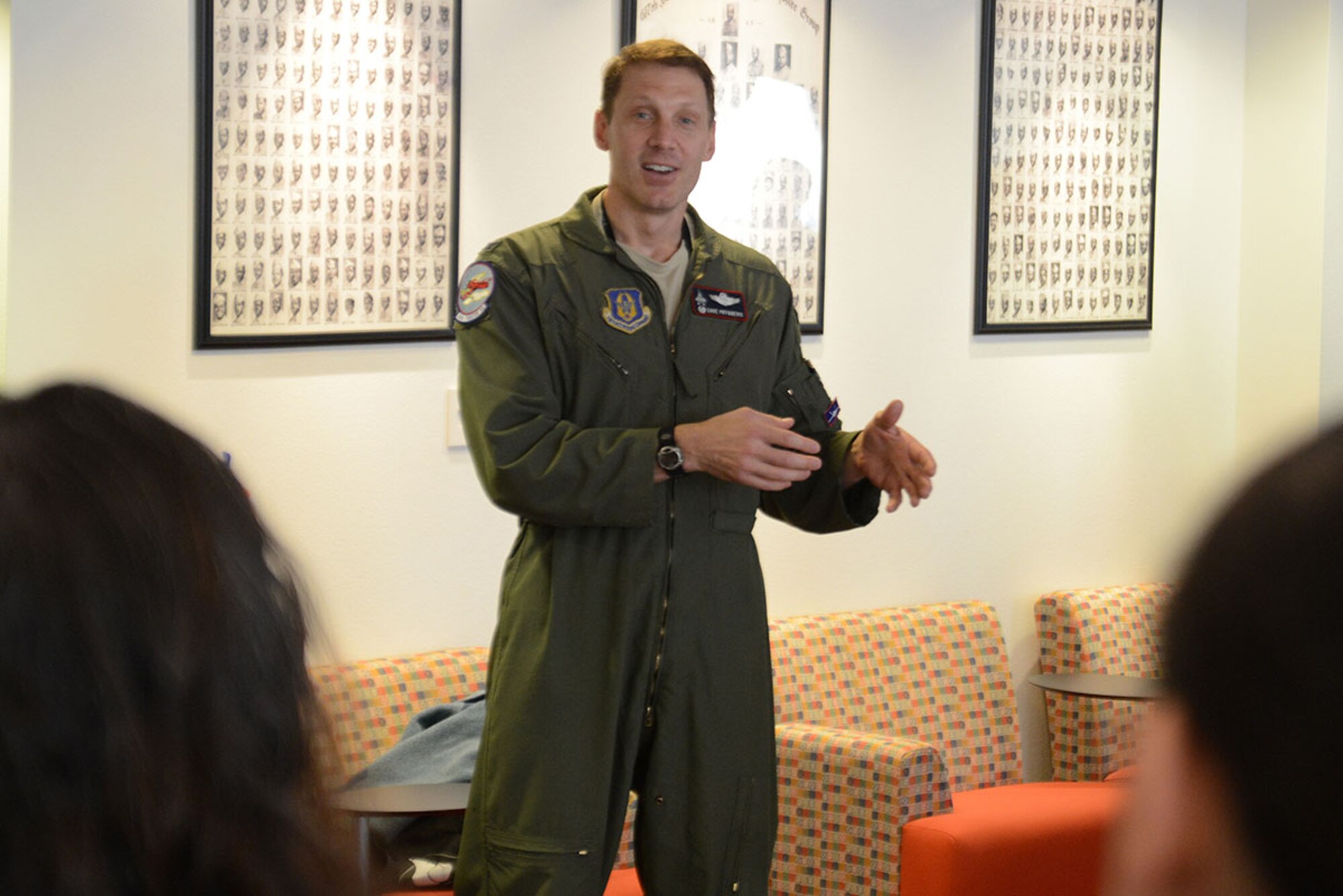 Air Force Col. David Piffarerio, 477th Fighter Group commander, gives a small speech at the Air Force Reserve 68th birthday celebration at Joint Base Elmendorf-Richardson, Alaska, April 14, 2016. The theme was “Stationed Locally, Serving Globally” in honor of more than 69,000 citizen Airmen stationed in more than 66 communities throughout the United States and overseas. Citizen Airmen serve globally in every combatant command in air, space and cyberspace. (U.S. Air Force photo by Airman 1st Class Christopher R. Morales)