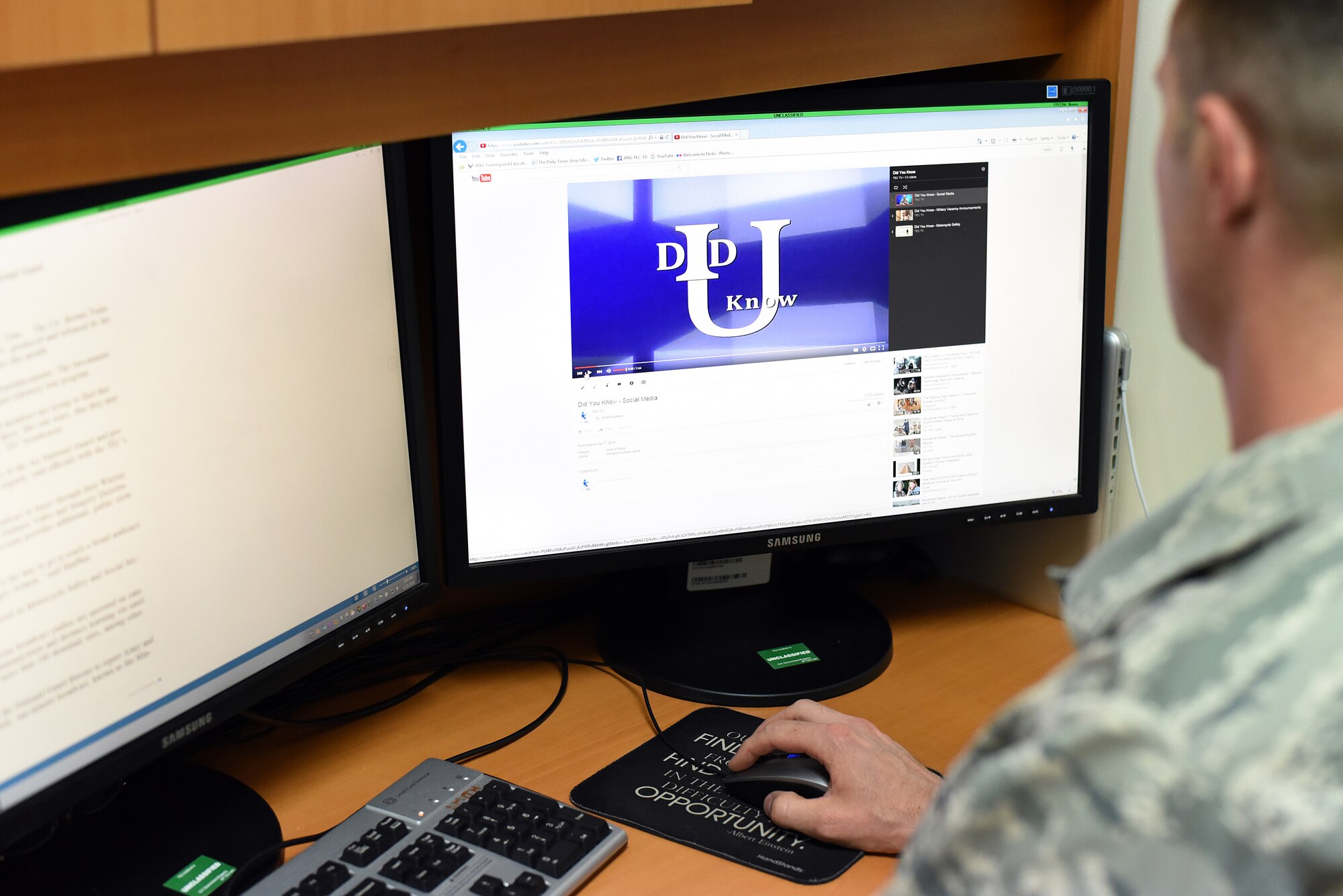 MCGHEE TYSON AIR NATIONAL GUARD BASE, Tenn. - Staff Sgt. Austin Shaffner, a broadcast specialist assigned to the Media and Engagement Division, looks at the latest informational video series entitled Did You Know, April 19, 2016, at the I.G. Brown Training and Education Center's television broadcast studio. (U.S. Air National Guard photo by Master Sgt. Mike R. Smith/Released)
