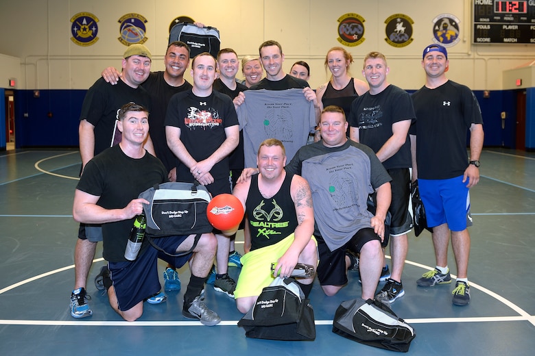 The 50th Security Forces Squadron wins the dodgeball tournament at Schriever Air Force Base, Colorado, Friday, April 8, 2016. The tournament was part of the Sexual Assault Awareness and Prevention Month observance. (U.S. Air Force photo/Dennis Rogers)