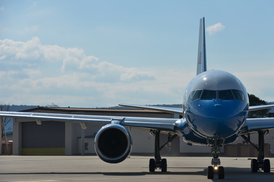 The National Airborne Operations Center taxis down the flightline April 19, 2016, at Ramstein Air Base, Germany. Originally built in 1974, the NAOC is designed to provide an airborne, survivable platform for key personnel to conduct war operations in the event of a nuclear attack. (U.S. Air force photo/Airman 1st Class Lane T. Plummer)