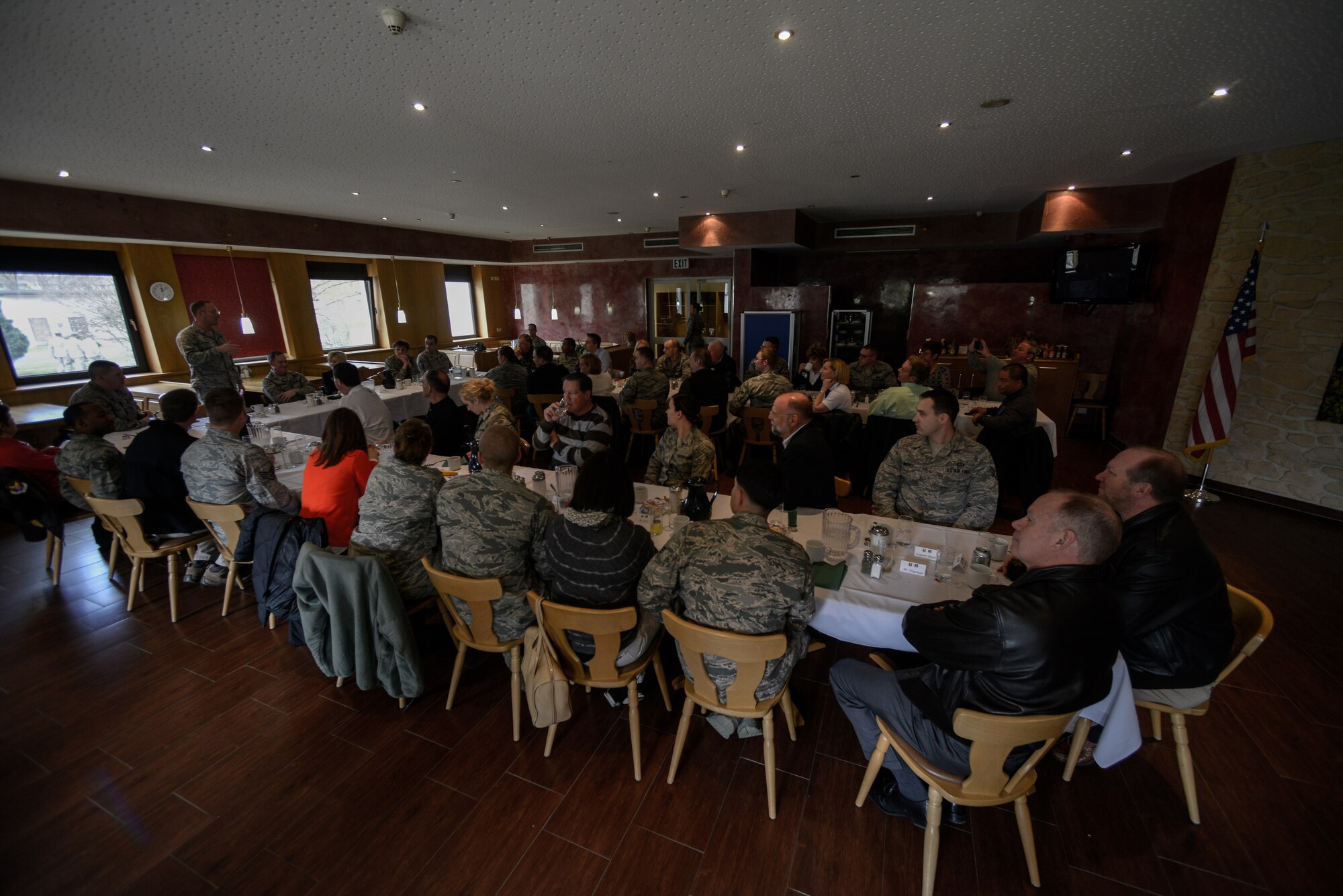 Brig. Gen. John T. Thomas, 86th Airlift Wing commander, provides opening remarks during an Air Force Chief of Staff Civic Leaders Program tour April 18, 2016, at Ramstein Air Base, Germany. In addition to the luncheon where they were able to speak with Airmen, the civic leaders toured a C-130J Super Hercules simulator and aircraft, the air traffic control tower and an aircraft hangar to view presentations from Airmen assigned to the 435th Air Ground Operations Wing. The CSAF Civic Leader’s mission is a liaison program for military members to relay information back to the American public in support of the Air Force. (U.S. Air Force photo/Senior Airman Nicole Keim)