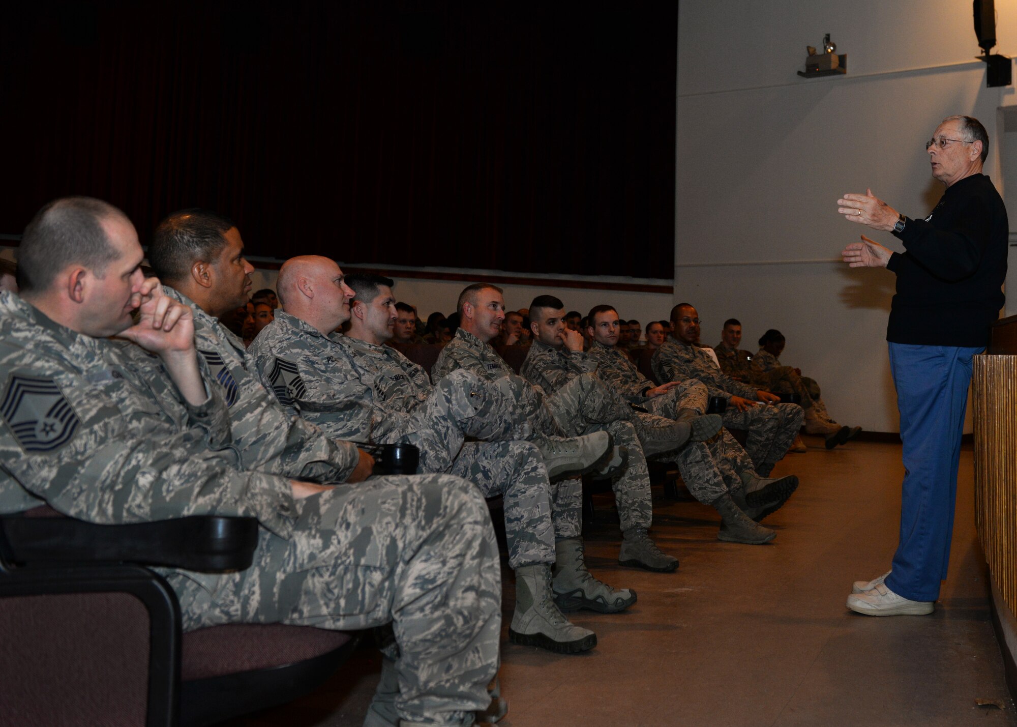 Retired Senior Master Sgt. William “Pete” Piazza, a former Air Force Security Forces member, visits with Security Forces members during a visit to Minot Air Force Base, N.D., April 5, 2016. Sergeant Piazza’s visit was one of encouragement to the men and women of Minot AFB and to personally thank them for the sacrifices made every day in the defense of this nation. (U.S. Air Force photo/Airman 1st Class Matt Rauschnot)