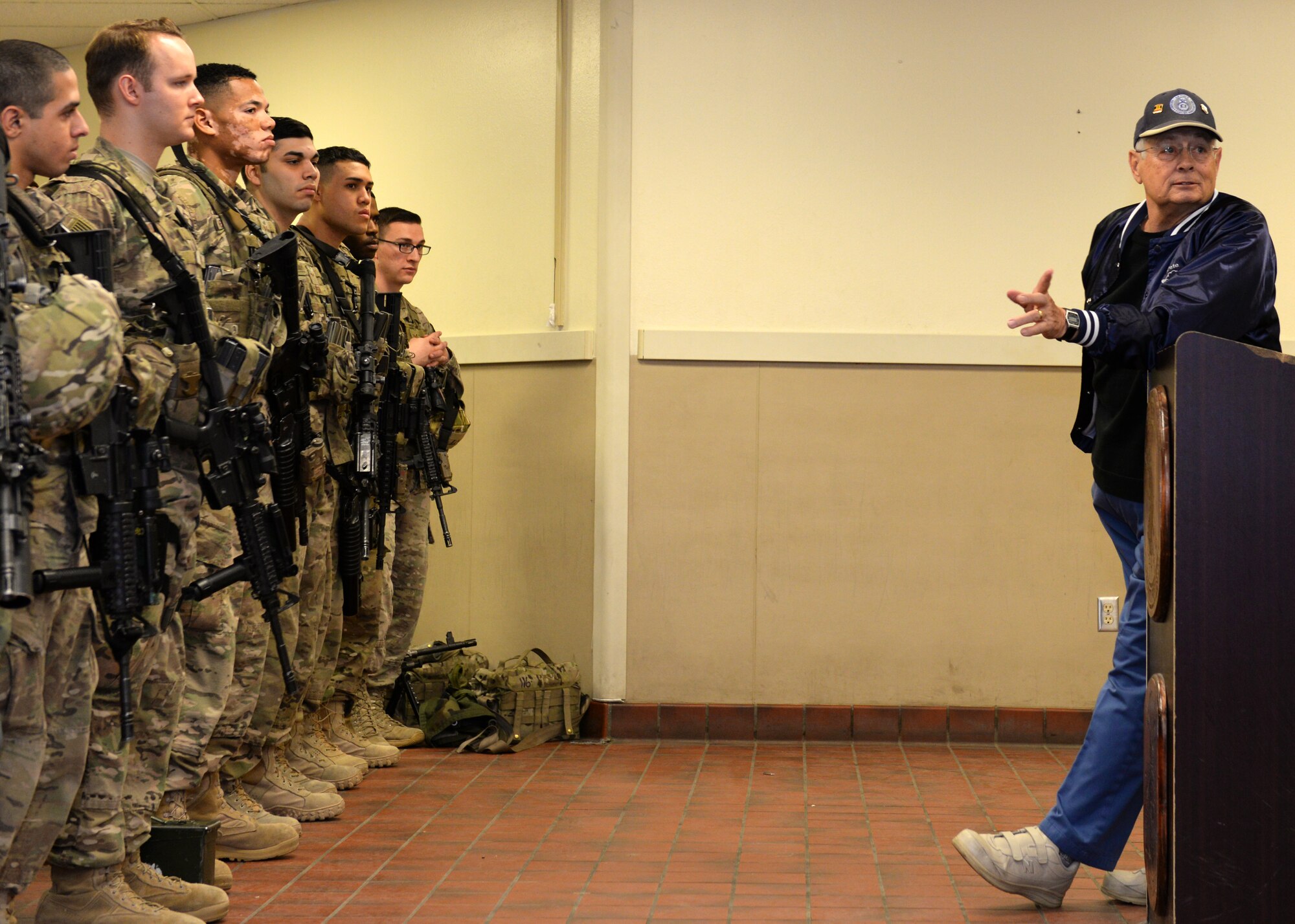 Retired Senior Master Sgt. William “Pete” Piazza, a former Air Force Security Forces member, visits with members of the 91st Security Forces Group during a visit to Minot Air Force Base, N.D., April 5, 2016. Sergeant Piazza’s visit was one of encouragement to the men and women of Minot AFB and to personally thank them for the sacrifices made every day in the defense of this nation. (U.S. Air Force photo/Airman 1st Class Matt Rauschnot)
