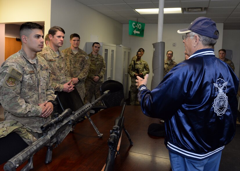 Retired Senior Master Sgt. William “Pete” Piazza, a former Air Force Security Forces member, visits with members of the 91st Security Forces Group during a visit to Minot Air Force Base, N.D., April 5, 2016. Sergeant Piazza’s visit was one of encouragement to the men and women of Minot AFB and to personally thank them for the sacrifices made every day in the defense of this nation. (U.S. Air Force photo/Airman 1st Class Matt Rauschnot) 