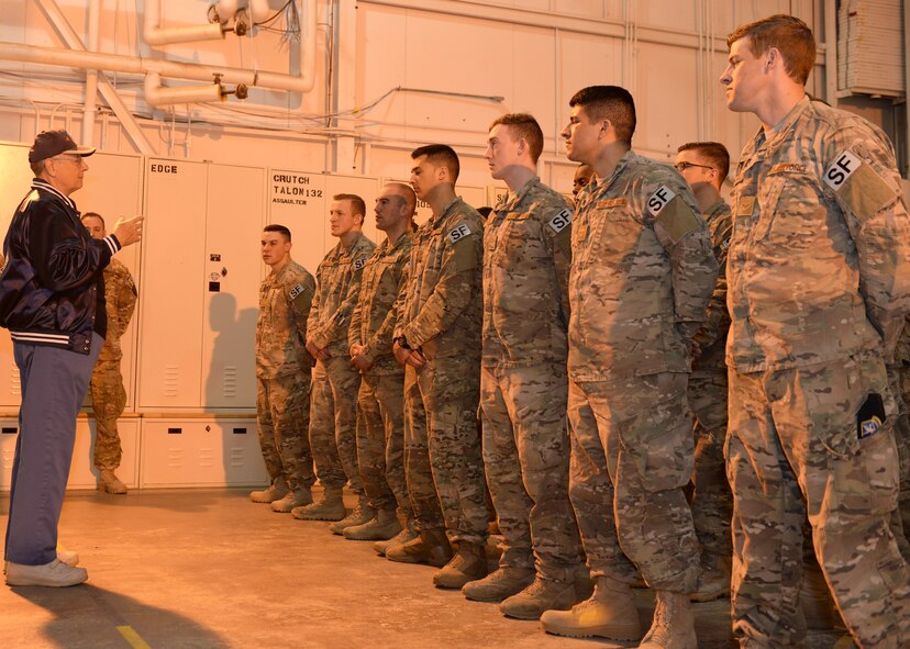 Retired Senior Master Sgt. William “Pete” Piazza, a former Air Force Security Forces member, visits with members 791st Missile Security Forces Squadron tactical response force members during a visit to Minot Air Force Base, N.D., April 5, 2016. Sergeant Piazza’s visit was one of encouragement to the men and women of Minot AFB and to personally thank them for the sacrifices made every day in the defense of this nation. (U.S. Air Force photo/Airman 1st Class Matt Rauschnot)