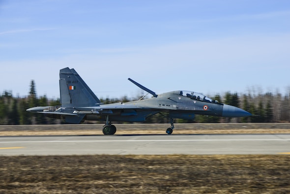 An Indian Air Force Su-30MKI fighter aircraft lands at Eielson Air Force Base, Alaska, April 16, 2016. Indian Air Force airmen arrived at Eielson in preparation for RED FLAG-Alaska 16-1. On average, more than 1,000 people and up to 60 aircraft deploy to Eielson during the two-week exercise. (U.S. Air Force photo by Staff Sgt. Joshua Turner/Released)