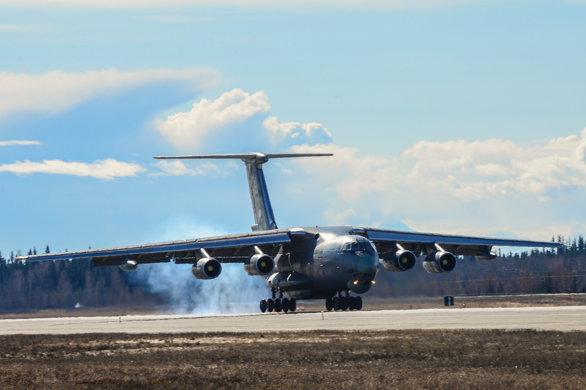 An Indian Air Force IL-78MKI aerial refueling aircraft lands at Eielson Air Force Base, Alaska, April 16, 2016. Indian Air Force airmen arrived at Eielson in preparation for RED FLAG-Alaska 16-1. RF-A is a series of Pacific Air Forces commander-directed field training exercises for U.S. and partner nation forces, providing combined offensive counter-air, interdiction, close air support and large force employment training in a simulated combat environment. (U.S. Air Force photo by Staff Sgt. Joshua Turner/Released)