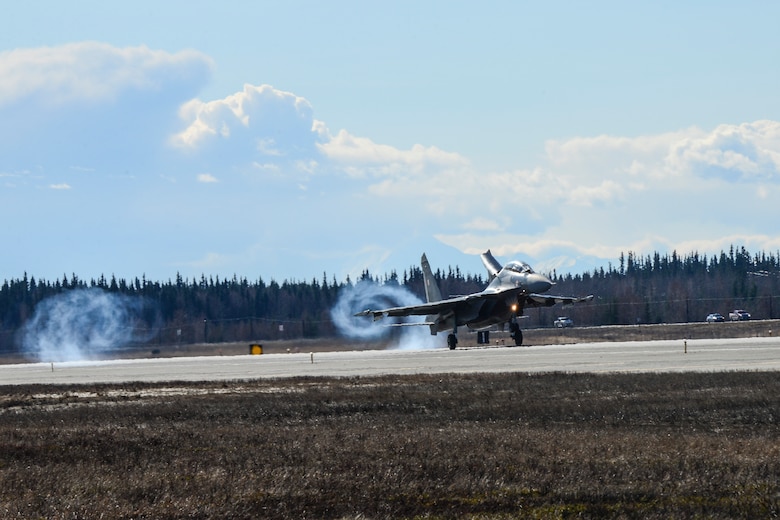 An Indian Air Force Su-30MKI fighter aircraft lands at Eielson Air Force Base, Alaska, April 16, 2016. Indian Air Force airmen arrived at Eielson in preparation for RED FLAG-Alaska 16-1. RF-A is a series of Pacific Air Forces commander-directed field training exercises for U.S. and partner nation forces, providing combined offensive counter-air, interdiction, close air support and large force employment training in a simulated combat environment. (U.S. Air Force photo by Staff Sgt. Joshua Turner/Released)