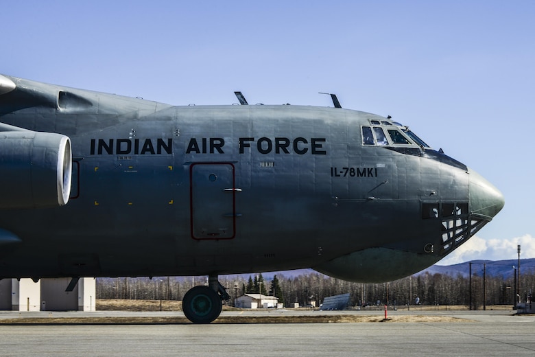 An Indian Air Force IL-78MKI aerial refueling aircraft taxis on the Eielson Air Force Base, Alaska, flight line April 16, 2016. Indian Air Force airmen arrived at Eielson in preparation for RED FLAG-Alaska 16-1. On average, more than 1,000 participants and up to 60 aircraft deploy to Eielson during the two-week exercise. (U.S. Air Force photo by Staff Sgt. Joshua Turner/Released)