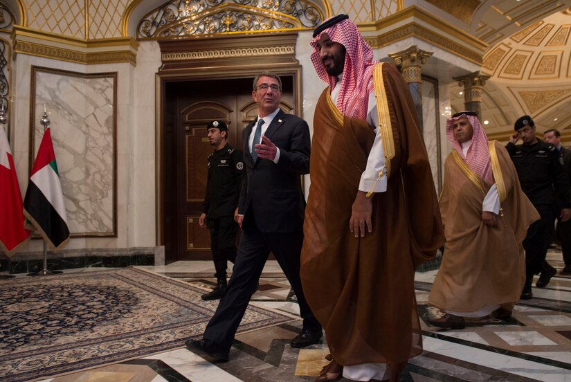 Defense Secretary Ash Carter speaks with Saudi Arabia's Deputy Crown Prince and Defense Minister Mohammed bin Salman as he arrives for the U.S.-Gulf Cooperation Council Summit in Riyadh, Saudi Arabia, April 20, 2016. Carter is visiting Saudi Arabia to help accelerate the lasting defeat of the Islamic State of Iraq and the Levant and participate in the U.S.-GCC Summit. DoD photo by Air Force Senior Master Sgt. Adrian Cadiz