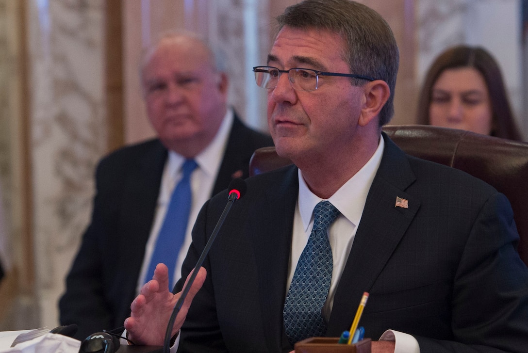 Defense Secretary Ash Carter delivers remarks during the U.S.-Gulf Cooperation Council Summit in Riyadh, Saudi Arabia, April 20, 2016. Carter is visiting Saudi Arabia to help accelerate the lasting defeat of the Islamic State of Iraq and the Levant and participate in the U.S.-GCC Summit. DoD photo by Air Force Senior Master Sgt. Adrian Cadiz
