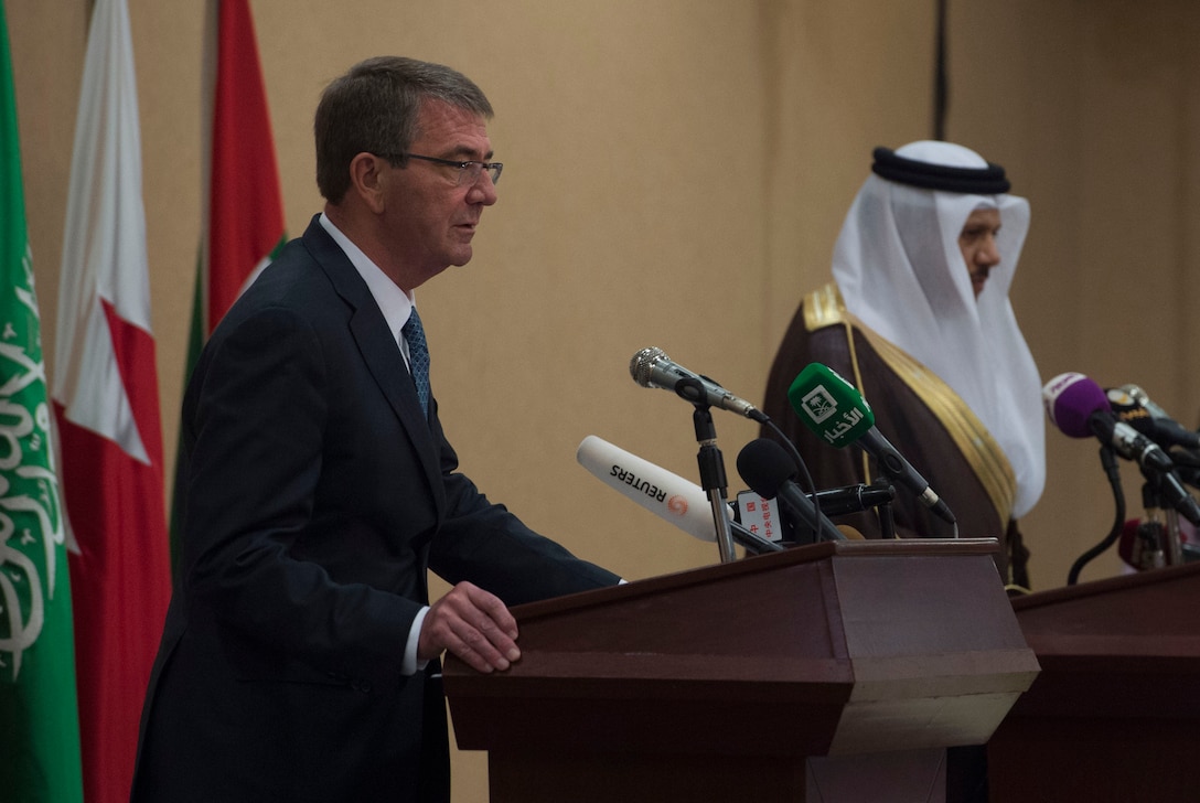 Defense Secretary Ash Carter speaks with reporters during a joint news conference with Gulf Cooperation Council Secretary General Abdullatif bin Rashid Al Zayani, right, during the U.S.-Gulf Cooperation Council Summit in Riyadh, Saudi Arabia, April 20, 2016. DoD photo by Air Force Senior Master Sgt. Adrian Cadiz