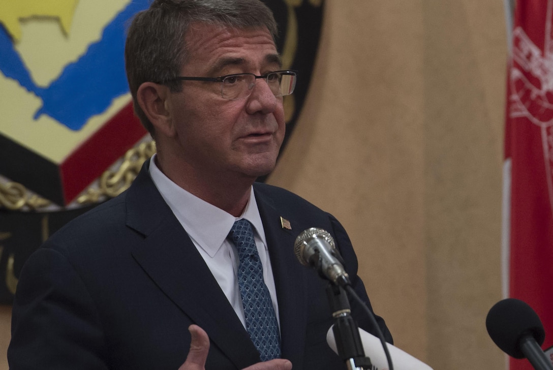 Defense Secretary Ash Carter speaks with reporters during a joint news conference with Gulf Cooperation Council Secretary General Abdullatif bin Rashid Al Zayani during the U.S.-Gulf Cooperation Council Summit in Riyadh, Saudi Arabia, April 20, 2016. DoD photo by Air Force Senior Master Sgt. Adrian Cadiz