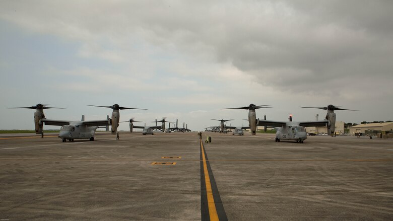 MV-22 Ospreys with Marine Medium Tiltrotor Squadron 265, 31st Marine Expeditionary Unit, await the green light for takeoff April 17, 2016 on Marine Corps Air Station Futenma, Japan. United States Forces, Japan is providing operational airlift support in coordination with the Government of Japan’s efforts to provide relief following the devastating earthquake near Kumamoto. 