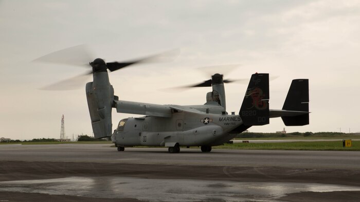 An MV-22 Osprey with Marine Medium Tiltrotor Squadron 265, 31st Marine Expeditionary Unit, begins to takeoff April 17, 2016 from Marine Corps Air Station Futenma, Japan. United States Forces, Japan is providing operational airlift support in coordination with the Government of Japan’s efforts to provide relief following the devastating earthquake near Kumamoto. 