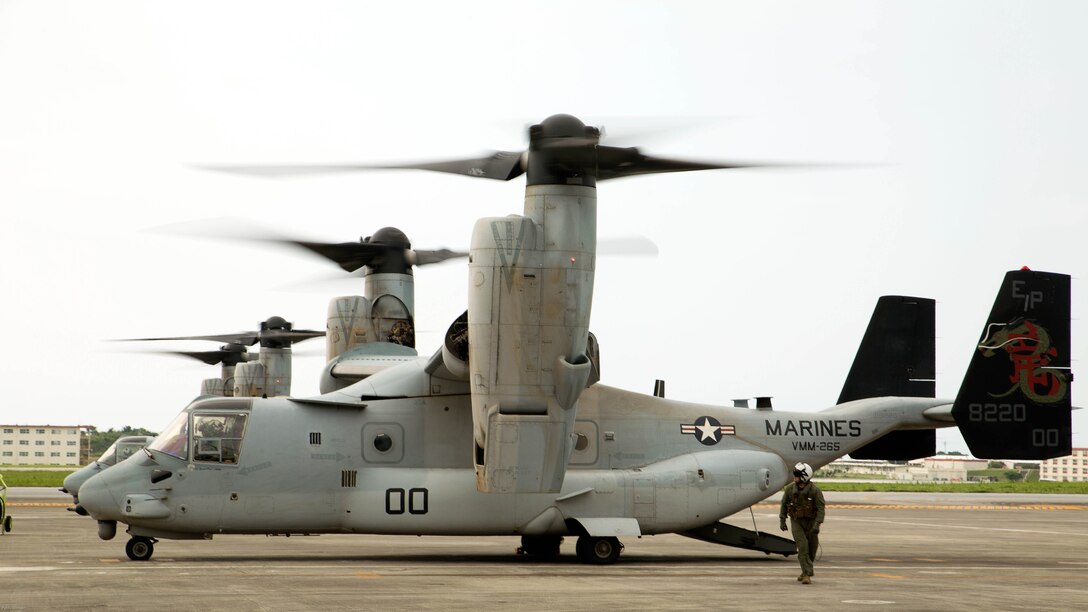 MV-22 Ospreys with Marine Medium Tiltrotor Squadron 265, 31st Marine Expeditionary Unit, prepare for takeoff April 17 on Marine Corps Air Station Futenma. United States Forces, Japan is providing operational airlift support in coordination with the Government of Japan’s efforts to provide relief following the devastating earthquake near Kumamoto. 