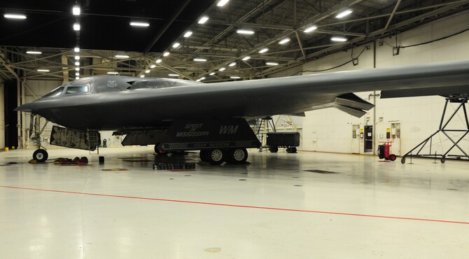 A B-2 Spirit awaits loading procedures during Exercise Constant Vigilance 16 at Whiteman Air Force Base, Missouri, April 12, 2016. The exercise included simultaneous elements that tested and refined Air Force Global Strikes policies, training and techniques at the tactical and operational levels. (U.S. Air Force photo by Airman 1st Class Keenan Berry)