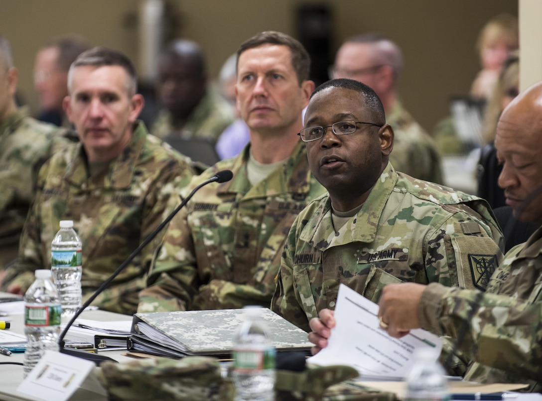 Maj. Gen. Phillip Churn, commanding general of the 200th Military Police Command, asks a question during a Commander's Readiness Review (CR2) at the MP command's headquarters at Fort Meade, Maryland, April 16. (U.S. Army photo by Master Sgt. Michel Sauret)
