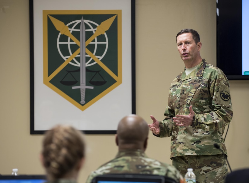 Maj. Gen. David Conboy, deputy commanding general (operations) for the U.S. Army Reserve, gives an overview brief to senior leadership and staff from the 200th Military Police Command during a Commander's Readiness Review (CR2) at the MP command's headquarters at Fort Meade, Maryland, April 16. (U.S. Army photo by Master Sgt. Michel Sauret)