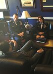 U.S. Rep. Will Hurd,left, visits with Brig. Gen. David M. McMinn, commander of the Texas Air National Guard, and Brig. Gen. Dawn M. Ferrell. Texas’ deputy adjutant general for air, in his Capitol Hill office on March 2, 2016.
 
