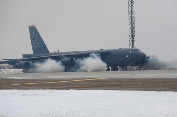 B-52 Stratofortress aircrew from Barksdale Air Force Base, La. prepares for takeoff April 17, 2016 at Minot AFB, N.D. in preparation of Constant Vigilance 2016, an annual Air Force Global Strike Command training event that exercises the command’s ability to support its conventional and nuclear missions. This exercise included simultaneous elements testing AFGSC’s policies, training and techniques at tactical and operational levels. (U.S. Air Force photo/Airman 1st Class Jessica Weissman)