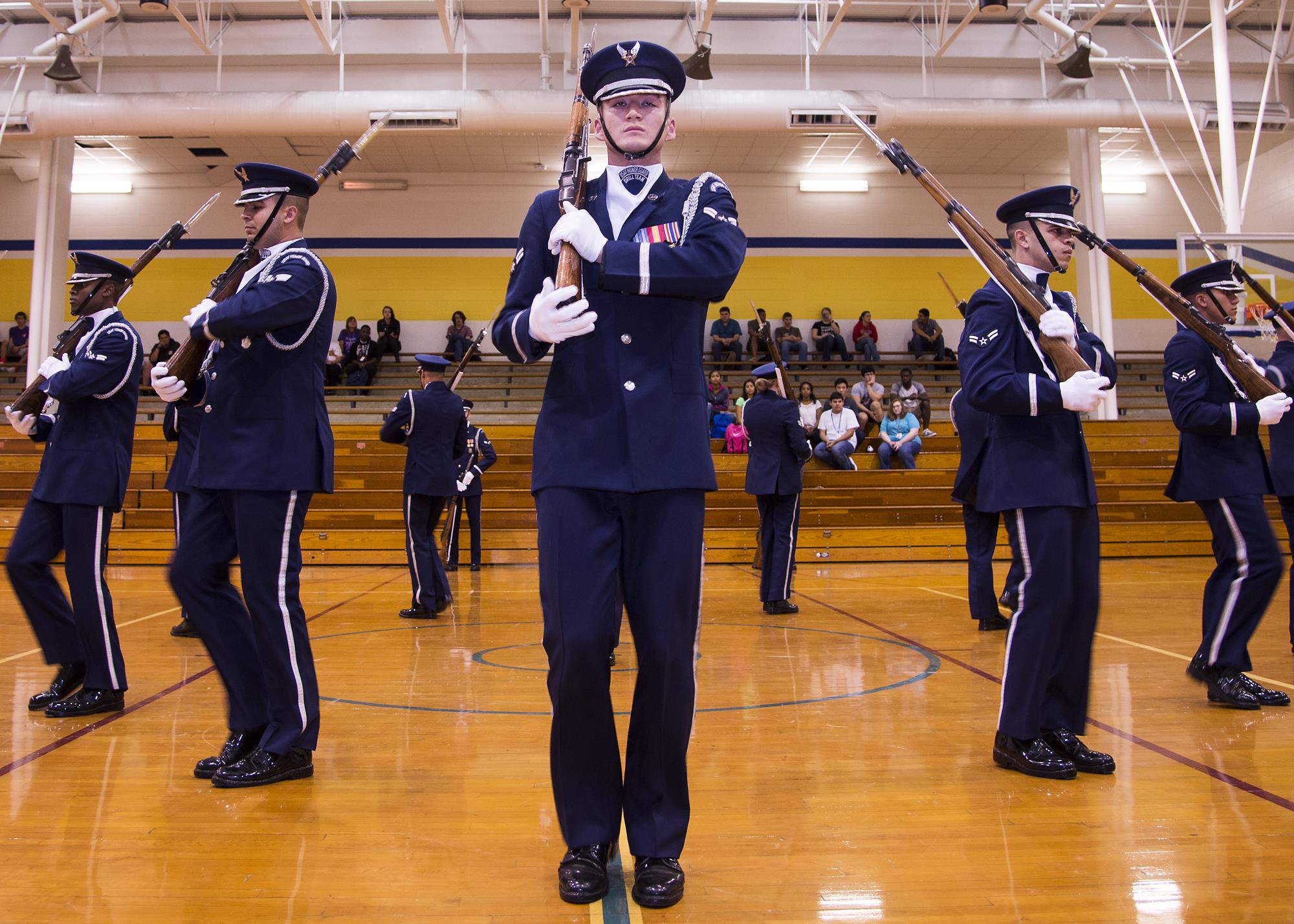 U.S. Air Force Honor Guard Drill Team performs for Fiesta, local students
