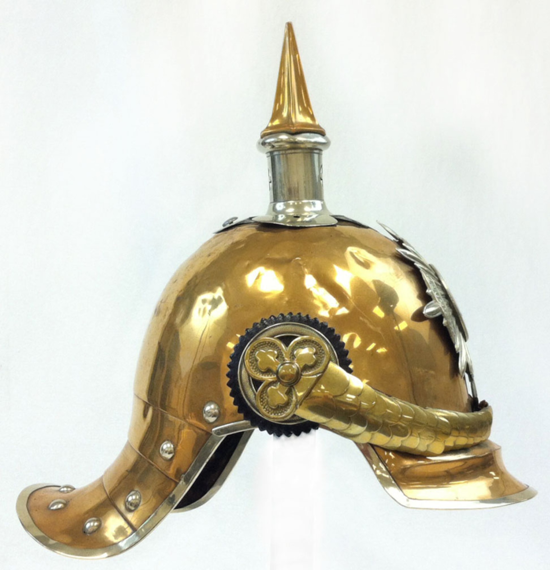 This spiked helmet, known as a pickelhaube, was originally designed by King Frederick Wilhelm IV of Prussia in 1842. This helmet design was popular among the Russian and German militaries and police prior to and during World War I. Capt. Edward V. Rickenbacker, America’s highest scoring ace of WWI, brought this Prussian cavalry officer’s helmet home as a wartime souvenir. It is unknown how he attained it. (U.S. Air Force photo)