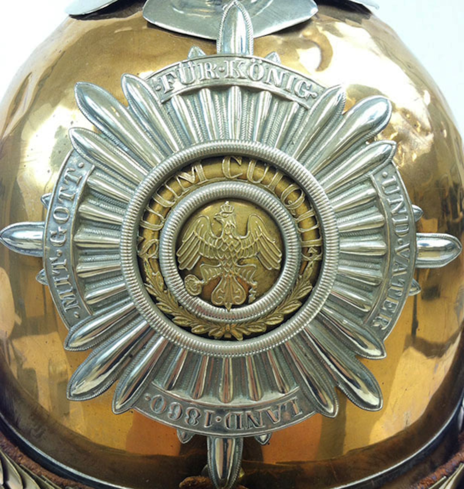 This spiked helmet, known as a pickelhaube, was originally designed by King Frederick Wilhelm IV of Prussia in 1842. This helmet design was popular among the Russian and German militaries and police prior to and during World War I. Capt. Edward V. Rickenbacker, America’s highest scoring ace of WWI, brought this Prussian cavalry officer’s helmet home as a wartime souvenir. It is unknown how he attained it. (U.S. Air Force photo)