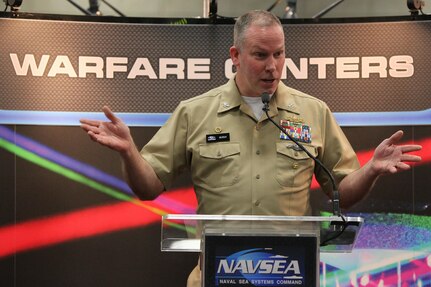 160217-N-HW977-375 SAN DIEGO, Calif. (Feb. 17, 2015) Capt. Stephen H. Murray, commanding officer of Naval Surface Warfare Center (NSWC), Corona Division, speaks during WEST 2016, a three-day conference co-sponsored by Armed Forces Communications and Electronics Association (AFCEA) and U.S. Naval Institute (USNI). Murray described bringing "Top Gun" to surface warfare, building a single metrology/calibration enterprise and using business intelligence to help the fleet plan maintenance availability. (U.S. Navy photo by Greg Vojtko/Released)