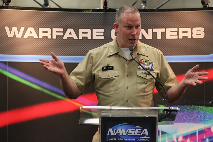 160217-N-HW977-375 SAN DIEGO, Calif. (Feb. 17, 2015) Capt. Stephen H. Murray, commanding officer of Naval Surface Warfare Center (NSWC), Corona Division, speaks during WEST 2016, a three-day conference co-sponsored by Armed Forces Communications and Electronics Association (AFCEA) and U.S. Naval Institute (USNI). Murray described bringing "Top Gun" to surface warfare, building a single metrology/calibration enterprise and using business intelligence to help the fleet plan maintenance availability. (U.S. Navy photo by Greg Vojtko/Released)